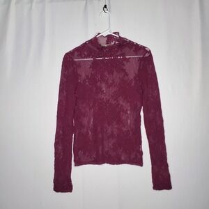 Express One Eleven Sheer Lace Mock Neck Top Women Small Burgundy Long Sleeve